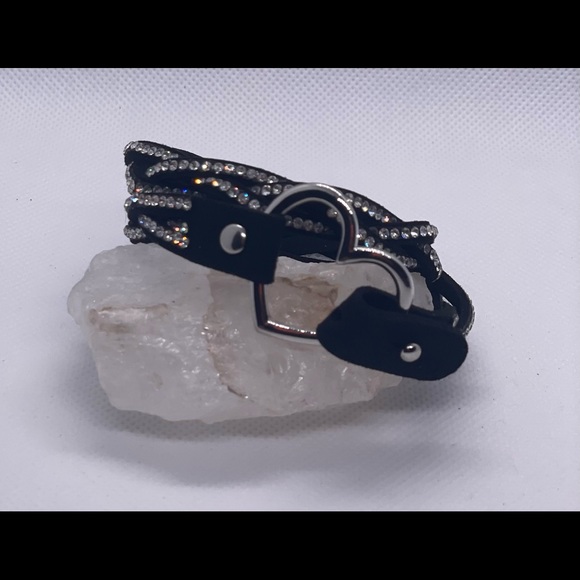 Jewelry - Leather bracelet or choker with heart charm and rhinestones.